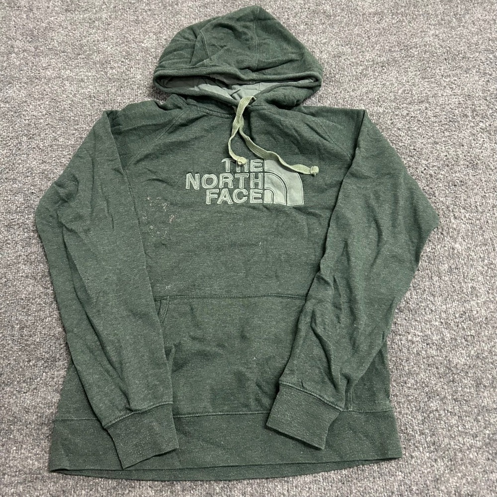 The North Face Hoodie Womens Size L Green Cotton Blend Pullover Logo Stain Flaw